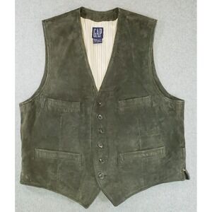 Vintage GAP Suede Leather Vest‎ Mens Olive Green Size L Button Up Adj Waist